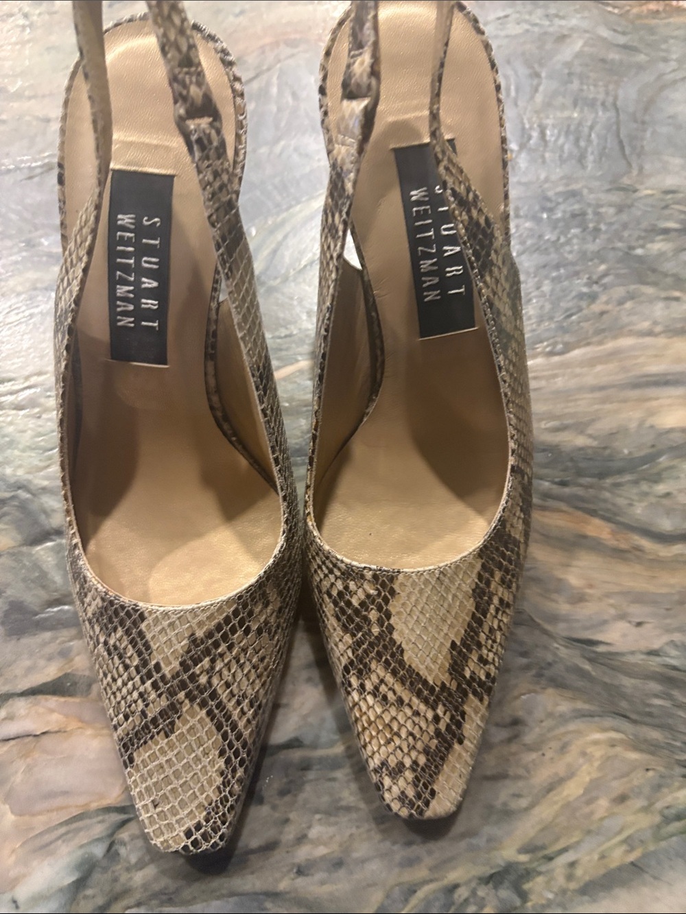 Stuart Weitzman Beige Snake-Print Slingback Pumps